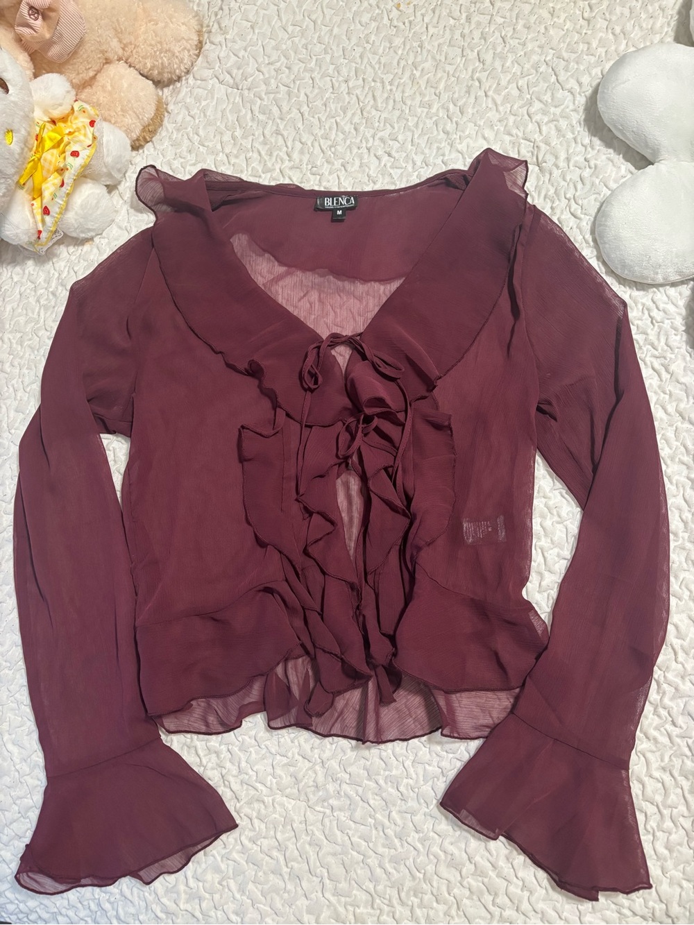 Bordeaux Ruffle Tie-Front Sheer Blouse